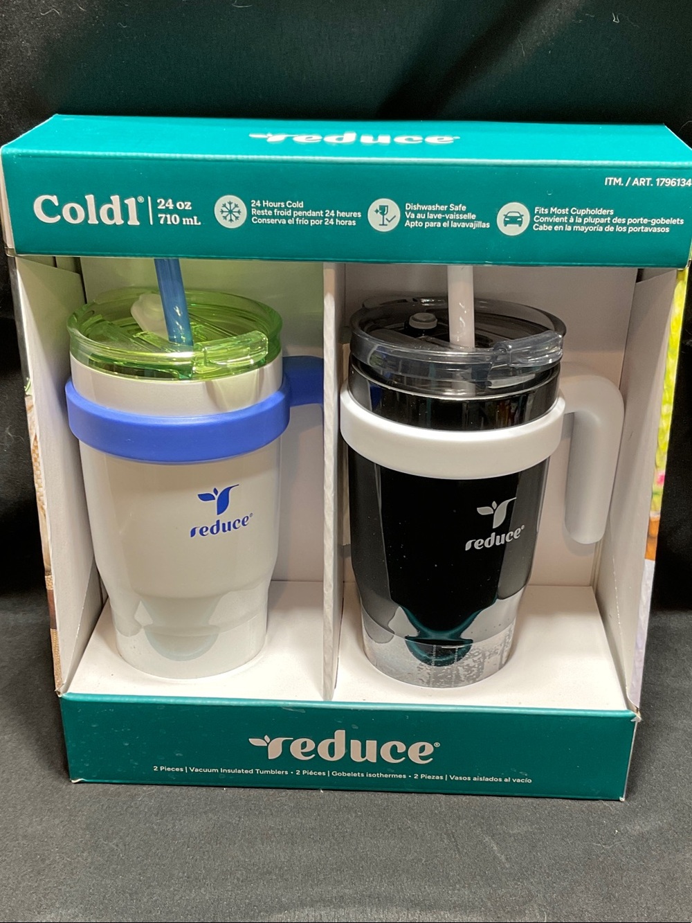 Reduce Cold 24 oz Insulated Travel Mugs - White with Blue & Black with White
